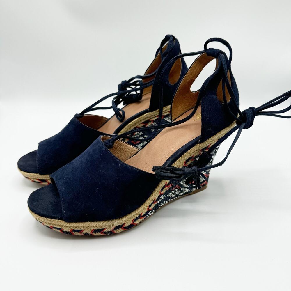 Cabi Isla Navy Blue Suede Peep Toe Aztec Wedge Espadrille Ankle Tie Size 8